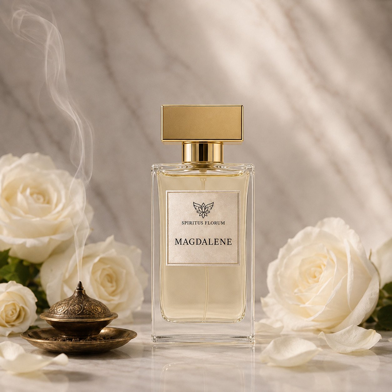 Magdalene perfume bottle with white roses and a bronze incense censer